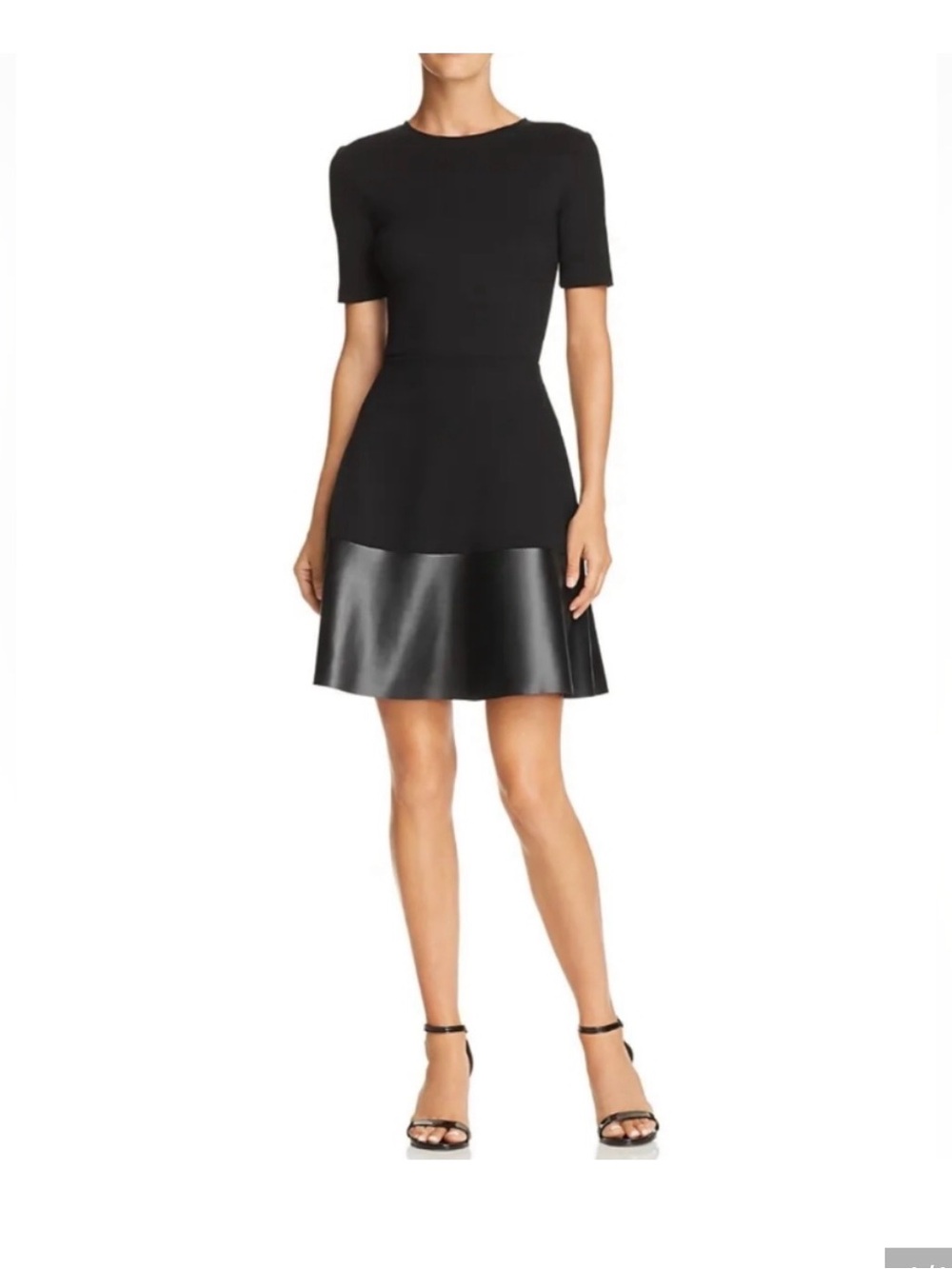 Aqua Black Short-Sleeve Fit-and-Flare Dress with Faux Leather Skirt